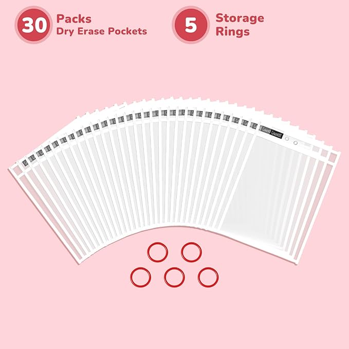 Gamenote 30 Pack White Dry Erase Pockets with 5 Rings, 10x14 Oversized Reusable Plastic Sleeves, Clear Sheet Protectors, Teacher Supplies for Classroom Organization