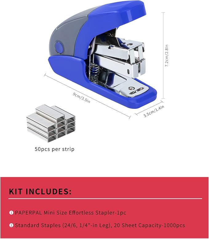 PAPERPAL Effortless Mini Stapler Set, 20 Sheet Capacity, Integrated Remover & Staple Storage, Holds 1/4" Staples, Includes 1000 Staples, Lightweight, Office, School & Daily Use, Dark Blue