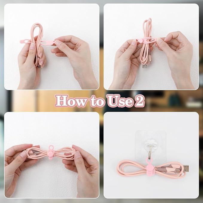 12pcs Pink Silicone Cable Ties, Multipurpose Elastic Cord Organizer for Bundling and Fastening, Office/Home/Kitchen/School/Travel Organization