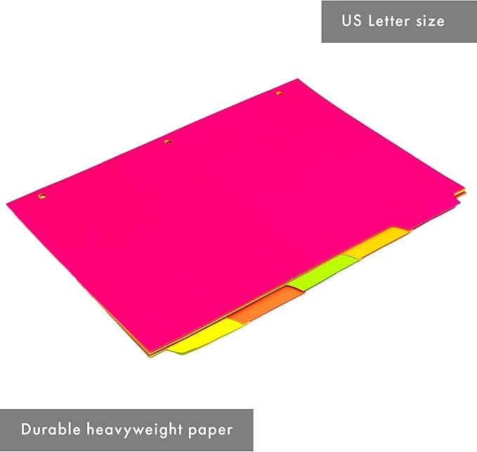 Pukka Pad, 5 Dividers, Binder Notebook File Page Separators, 5 Packs of 5 Tab Set, 8 ½ x 11 in. Neon Colors