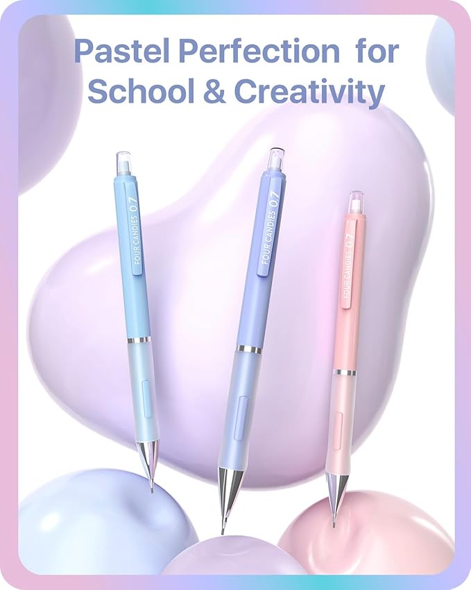 Four Candies Cute Mechanical Pencils 0.7mm, Pencil Set with 360PCS Lead Refills & Pastel Erasers, School Supplies with Case