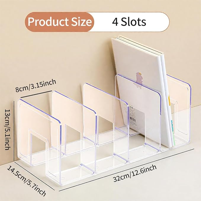 4Pcs Clear Acrylic Desk File Sorter, Desktop File Organizer, 4 Sections Clutch Divider File Folder Rack, Purse Handbag Organizer Letter Notebook Folder, Office Supplies Stand (Clear)