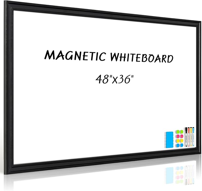 Large White Board for Wall, 48'' x 36'' Magnetic Dry Erase Board, 4'x3' Decorative Whiteboard with Black Wooden Frame, Hanging Writing Board for Home Office School Classroom