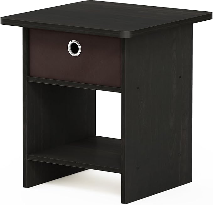 Furinno DARIO Side Table, Square End Table with Storage Bin, Round Corner Night Stand, Bedside Table with Open Back Shelf, for Living Room, Bedroom, Espresso