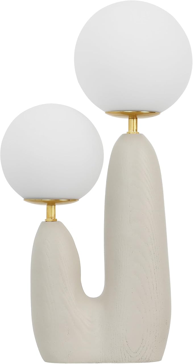 JONATHAN Y 17.75" Almond/Brass Gold Modern Bohemian Danish Cactus LED Table Lamp, 2-Light Mid-Century Minimalist Desk Light for Bedroom Living Room, Frosted Glass Globe Shades (JYL4065C)