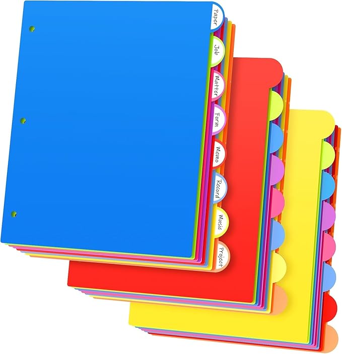Dividers for 3 Ring Binder, 8 Tab Vibrant Colors 3 Sets 24 Pcs Plastic Binder Dividers with Tabs, 3 Hole Punched Tab Dividers Letter Size for School Office, Assorted Bright Rainbow Colors