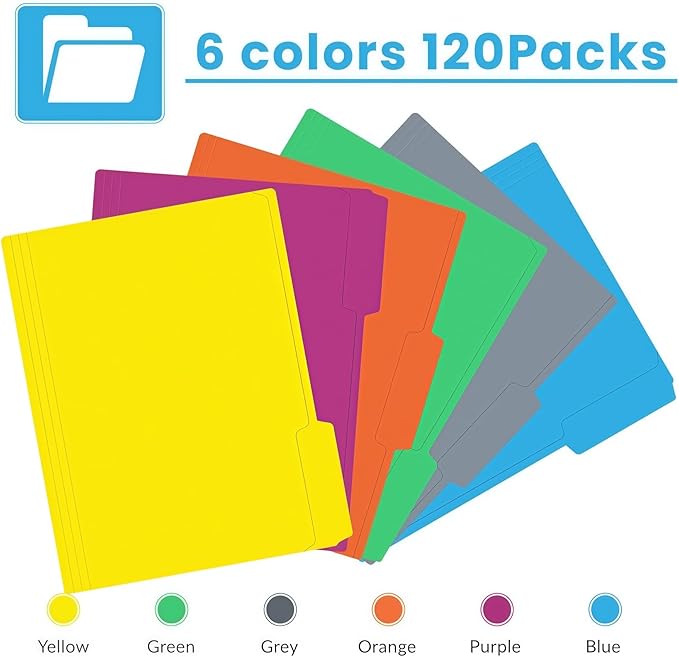 120 Pack Colored File Folders, 1/3 Cut Tab Letter Size 8.5" x 11" Manila Folders, Assorted 6 Colors for School, Office Supplies, Filing Folders & Document Organization
