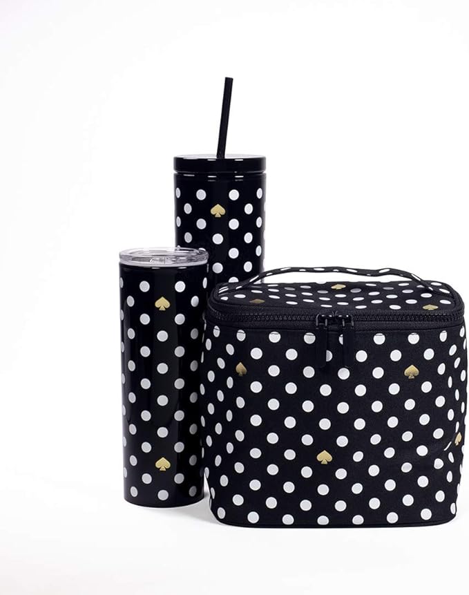 kate spade new york Insulated Soft Cooler Lunch Tote with Double Zipper Close and Carrying Handle, Polka Dots (Black/White)