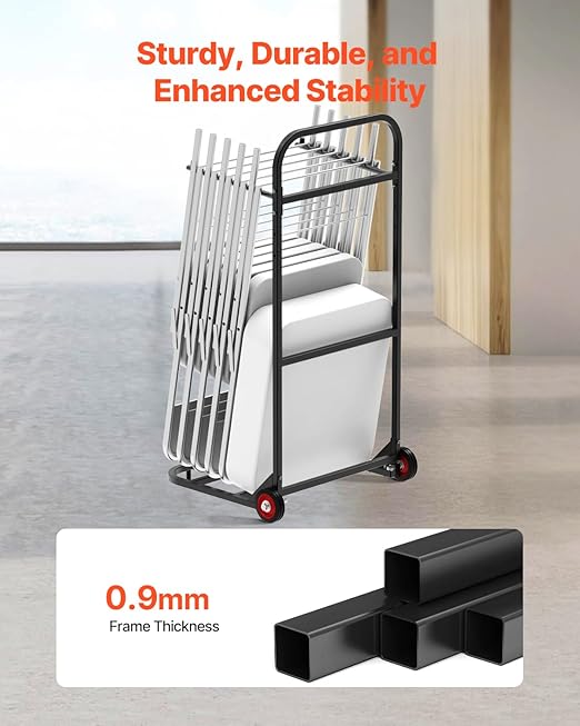 VEVOR Folding Chair Rack, 100 LBS Capacity, Heavy-Duty Chair Cart for Hanging 10 Chairs, Multi-Function Metal Chair Storage Dolly with Rubber Wheels, Push-Style Chair Holder, Matte Black