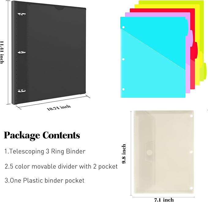 INFUN 1 Inch 3-Ring Telescoping Project Organizer Binder,13 Pocket, Customizable Front Cover, 5 Colors Pocket Divider and Plastic Binder Pocket，225 Sheet Capacity-Black