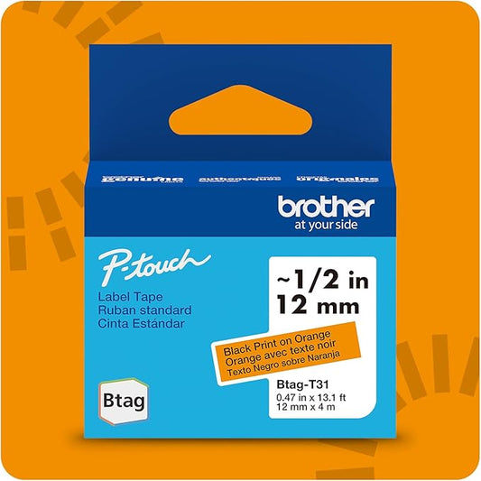 Brother Genuine P-Touch Btag BTAGT31 Black on Orange Label Tape ~1/2in by 13.1ft (12mm x 4m). (Works Only with Brother PT-N10, PT-N20, PT-N25BT Label Makers)