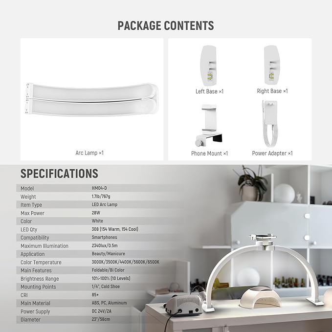 NEEWER BASICS 23" Half Moon Nail Light for Desk, 308 LEDs 28W Bi Color CRI85+ Foldable Nail Tech Table Arc Lamp with Overhead Phone Mount for Manicure Handicraft Lighting Beauty Video Recording,HM04-D