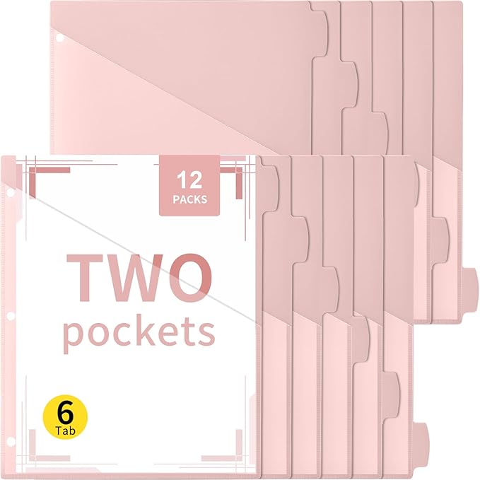 Epakh 12 Pcs Binder Dividers for 3 Rings Binders Index Dividers with Two Clear Pockets Plastics Sheets Protectors with Tab Labels for School Office Organization (Pink)