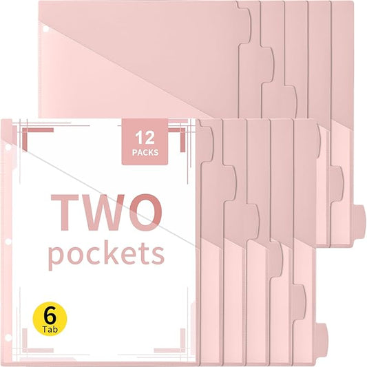 Epakh 12 Pcs Binder Dividers for 3 Rings Binders Index Dividers with Two Clear Pockets Plastics Sheets Protectors with Tab Labels for School Office Organization (Pink)