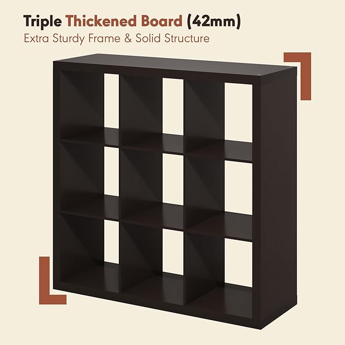 Furinno Cubicle Record Player Stand with Vinyl Storage, 9-Cube Vinyl Record Storage, 1.65" Triple Thick Open Back Media Shelf for CD DVD Blueray Game, for Living Room, Home Office, Black Dark Oak