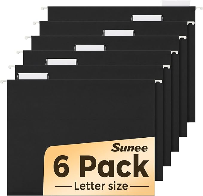 SUNEE 6 Pack Hanging File Folders,Hanging File Folders Letter Size with 1/5-cut Tabs,Black Folders,Stay Organized for Your Home and Office Bulk File and Documents