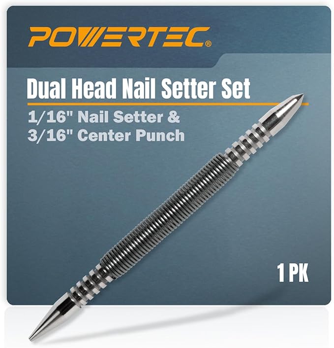 POWERTEC Dual Head Nail Setter & Center Punch, Spring Loaded 1/16" Nail Punch with 3/16" Center Punch, 5000 PSI Striking Force for Marking & Setting Proud Brad Nails, 1PK (71939)