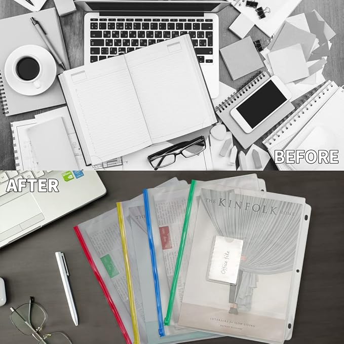 YoeeJob 8 Packs 3-Hole Clear Zipper Binder Pockets, Binder Insert Pages with Card Slots Suitable for School or Office to Organize Document, White