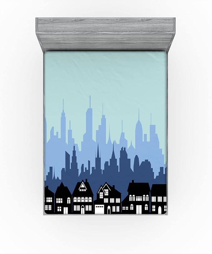 Ambesonne Silhouette 2 Pack Fitted Sheet, City Skyline House Shade, Bed Cover All-Round Elastic Deep Pockets 2 Pieces, Package Contains 2 Queen Size Fitted Sheets, Black Seafoam and Blue Grey