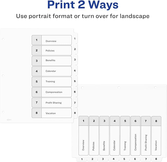 Avery Dividers for 3 Ring Binders, 8 Tabs per Set, Customizable Table of Contents, Classic White Tabs, Great for Organizing Reports, Projects, and More (11132)