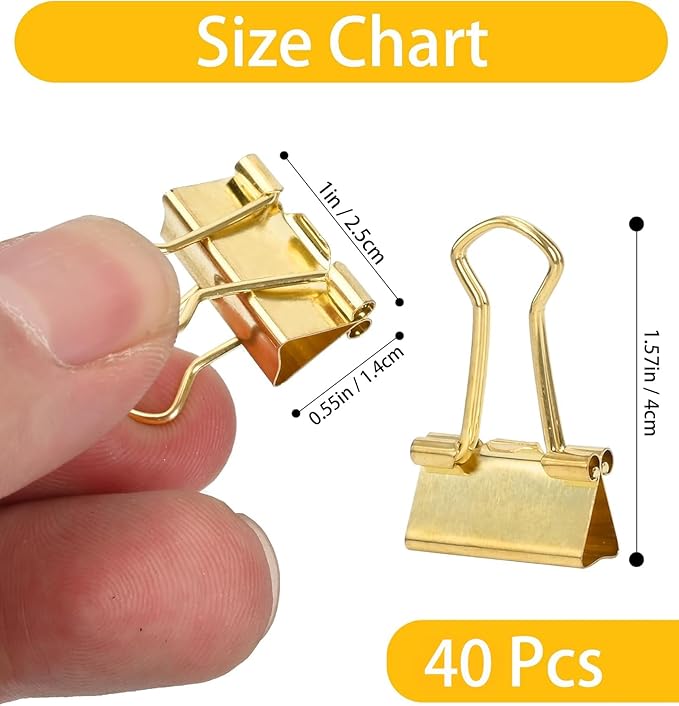 CUARUSUIKA Binder Clips Set,40Pack, 1 in Small Clip, Paper Clips for Office, Home, School, Crafts, Business(Gold)