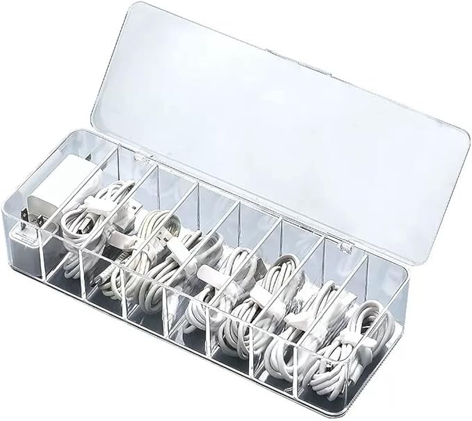 2Pcs Clear Cable Management Box with Lid, 26x9x5.5cm, Desktop Cord Organizer with Compartments (2, 10.2 x 3.5 x 2.2)