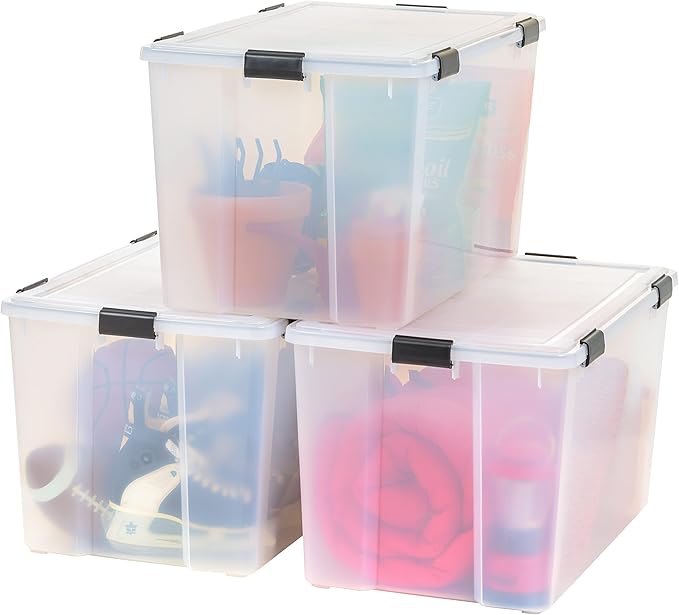 IRIS USA WeatherPro 156 Qt Storage Bins with Lids, 3 Pack, BPA-Free Plastic Gasket Box with Tight Latch and Seal, Stackable Nestable Tote Tub - Clear/Black