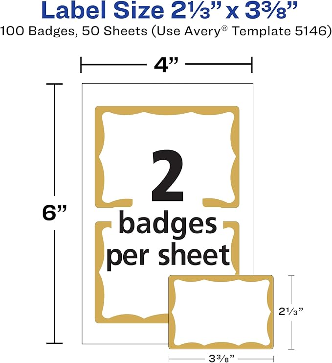 Avery Customizable Name Tags, 2-1/3" x 3-3/8", White with Gold Border, 100 Removable Name Badges (05146)