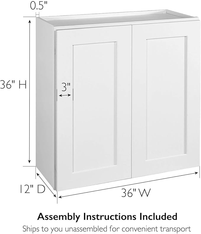Design House Brookings Shaker Unassembled Wall Kitchen Cabinet W3636, 36 W x 12 D x 36 H, Painted White, Solid Wood, Design House, 543173