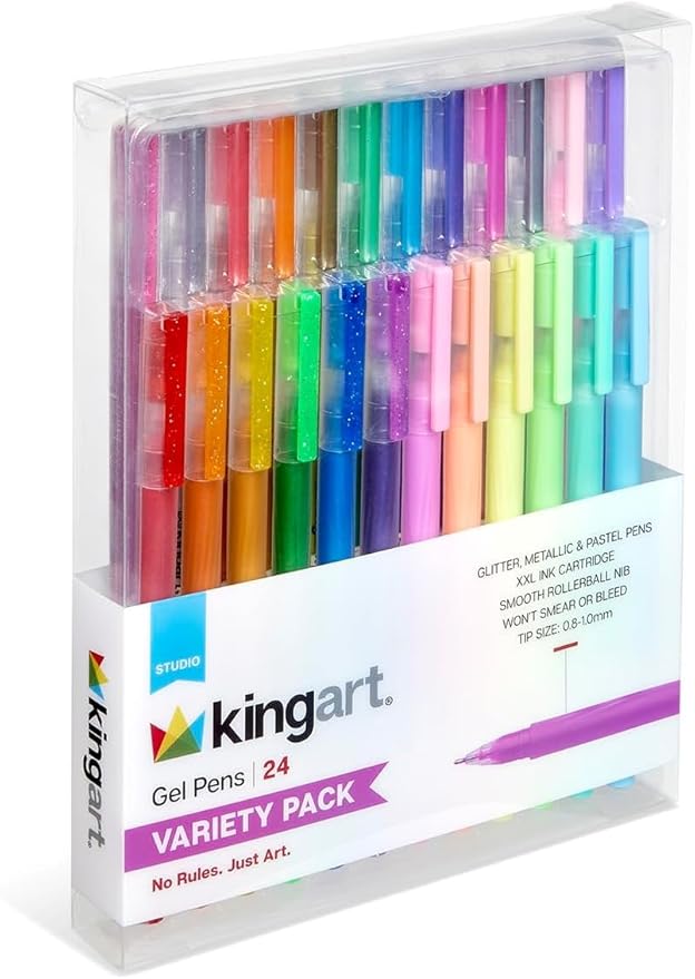 KINGART 24 Gel Pens Set: Glitter, Metallic & Pastel Colors for Adult Coloring Books, Journaling, Scrapbooking & DIY Crafts