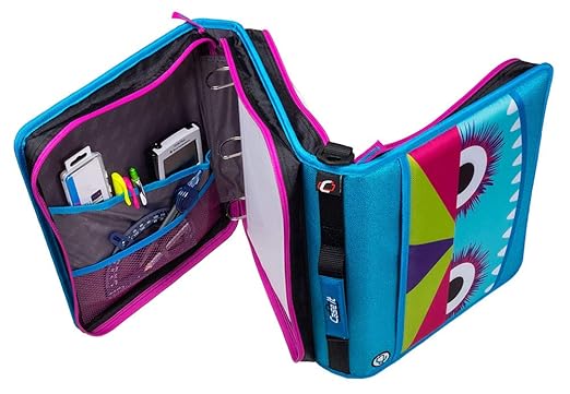 Case-it The Z Shape Zipper Binder - Two Binders in One - Double Sided 1.5 Inch D-Ring - Multiple Pockets - 500 Page Capacity - Comes with Shoulder Strap, Monster Design Z-176-ME