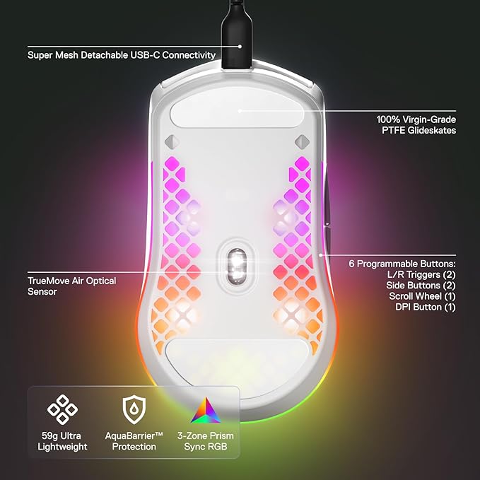 SteelSeries Aerox 3 - Holey RGB Gaming Mouse - Ultra-lightweight Water Resistant Design - 8,500 DPI TrueMove Core Optical Sensor - Snow
