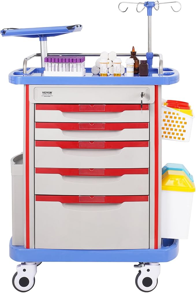VEVOR Medical Crash Cart, Nursing Emergency Rolling Cart with 5 Drawers & 4 Silent Wheels, Adjust IV Pole, Needle Disposal Holder, Trash Bin, O2 Holder, Mobile Trolley for Hospital, Clinic, Lab, Salon