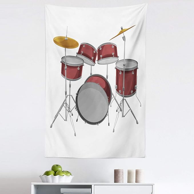 Ambesonne Drums Tapestry, Picture of a Drum Kit Percussion Instrument Standing on a Plain Background, Fabric Wall Hanging Decor for Bedroom Living Room Dorm, 30" X 45", Pale Maroon and White