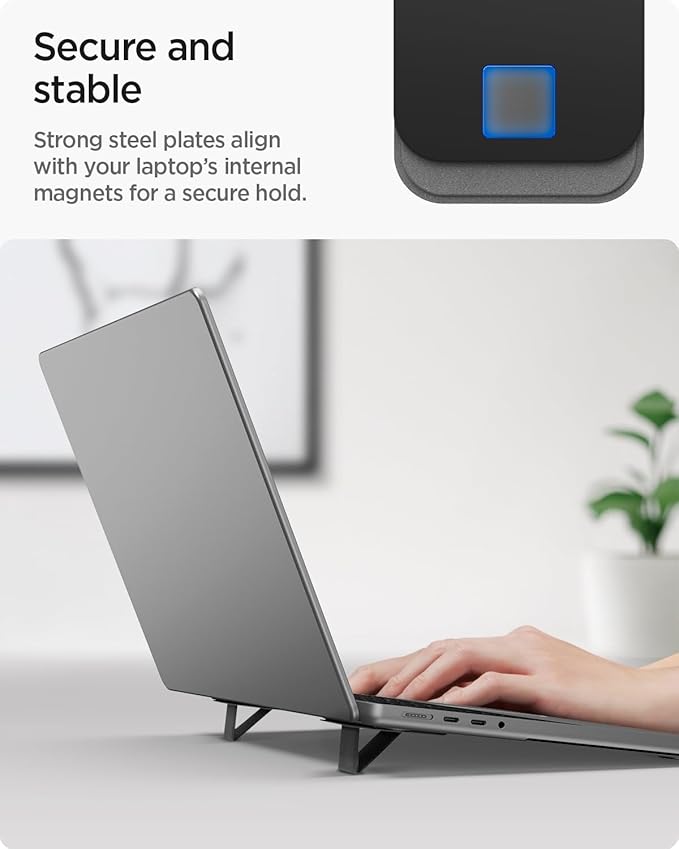 Spigen Slim Fold Adhesive Laptop Stand 2 Piece Foldable Portable Dual Ergonomic Angle Adjustment Lift Anti-Slip Compatible with MacBook Pro, MacBook Air 11"-16" and More - Black (LD201-S2)