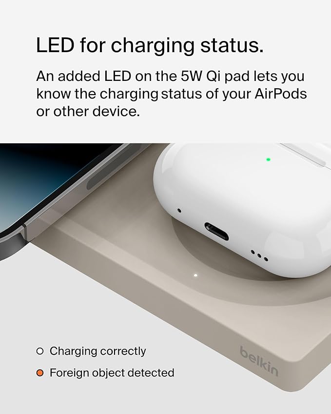 Belkin MagSafe-Compatible 2-in-1 Wireless Charger 15W, Fast Charging Station for iPhone 16, 15, 14, 13 Series, AirPods, and More - Dual Device Charging Pad - Sand