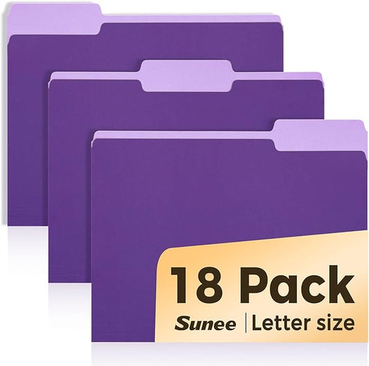 SUNEE File Folders, 18 Pack Manilla Folders 8.5 x 11, 1/3 Cut Tab for Easy Labeling and Organization, Durable Standard Paper for Home, Office, School Filing, Purple