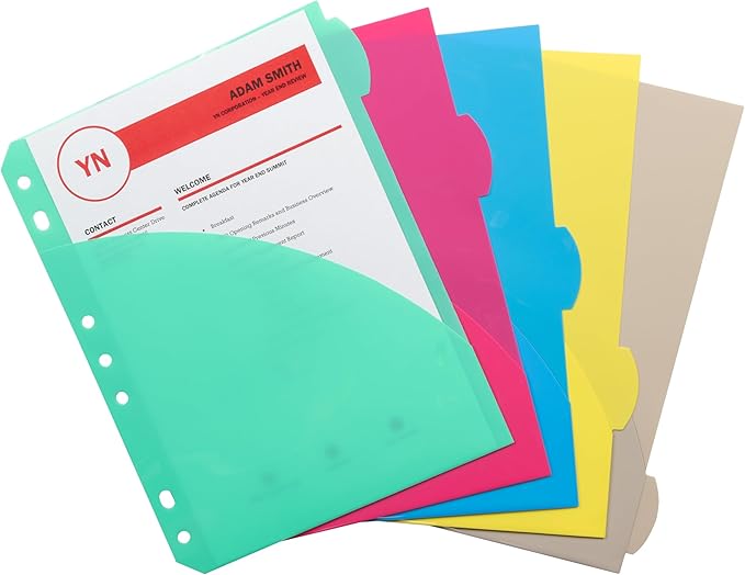 C-Line Mini Size 5-Tab Poly Index Dividers with Pockets, for 5.5 x 8.5, 6 x 9 and 8.5 x 11 Binders, Assorted Colors, One 5-Tab Set (03750) (Pack of 2)