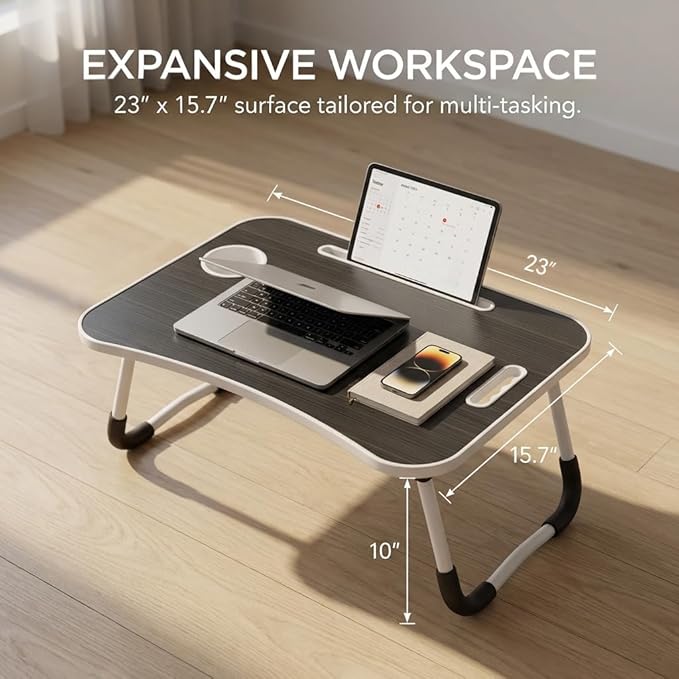 BUYIFY Folding Lap Desk, 23 Inch Portable Wood Black Laptop Bed Desk Lap Desk with Cup Holder, for Working Reading Writing, Eating, Watching Movies for Bed Sofa Couch Floor