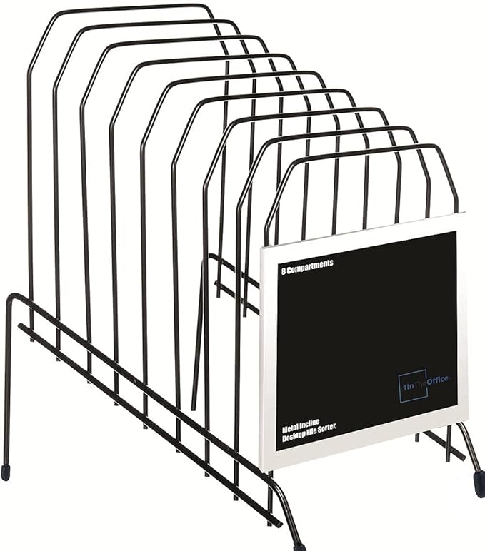 1InTheOffice Metal Incline Desktop File Sorter, 6 Compartments, Black (8 Compartments)