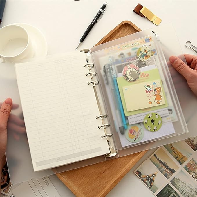 6 Pack A5 6 Holes Binder Zip Pockets Plastic Binder Colored Zipper Folders Waterproof 6 Holes Zipper Loose Leaf Bags Zip Lock Envelope for Documents Notebooks Cards