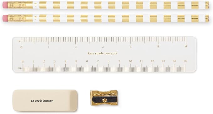 kate spade new york Pen and Pencil Case with Office Supplies, Zip Pouch Includes 2 Pencils, Sharpener, Eraser, and Ruler, Grand Plaid Duo