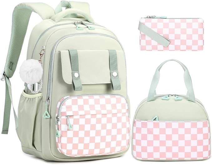 Girls Backpack with Lunch Box 3Pcs, Waterproof School Bag Set for Teen Elementary Middle School, Multi-Pocket Laptop Bookbag Lightweight, Green