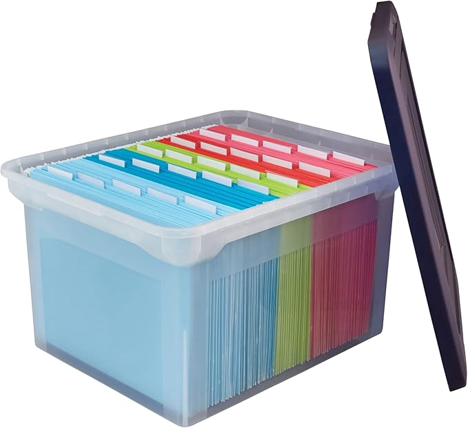 Office Depot Stackable File Tote Box, Letter/Legal Size, 10 13/16in.H x 14 1/8in.W x 18in.D, Blue/Clear, 170007