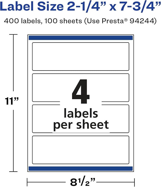 Avery Glossy White Rectangle Labels, Sure Feed Technology, 2.25" x 7.75", 400 Glossy White Labels, Print-to-The-Edge, Permanent Adhesive, Laser/Inkjet Printable