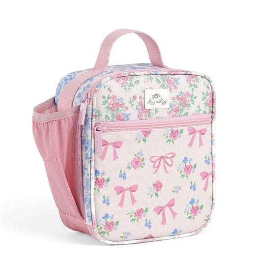 Itzy Ritzy Toddler Lunch Box - Kids Lunch Bag is Insulated and Includes Water Bottle Holder Plus 2 Pockets - Durable, Easy to Clean Lunch Box Toddler Bag (Ribbons & Roses)