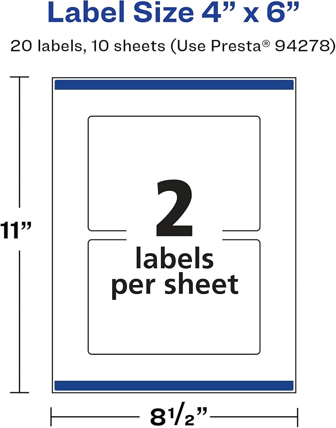 Avery Glossy White Rectangle Labels, Sure Feed Technology, 4" x 6", 20 Glossy White Labels, Print-to-The-Edge, Permanent Adhesive, Laser/Inkjet Printable