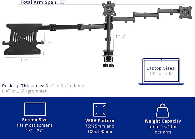 VIVO Dual Monitor + Laptop Mount for 13 to 27 inch Screens and 10 to 15.6 inch Laptops, Triple Screen Viewing, Articulating Arms, Black, STAND-V013L