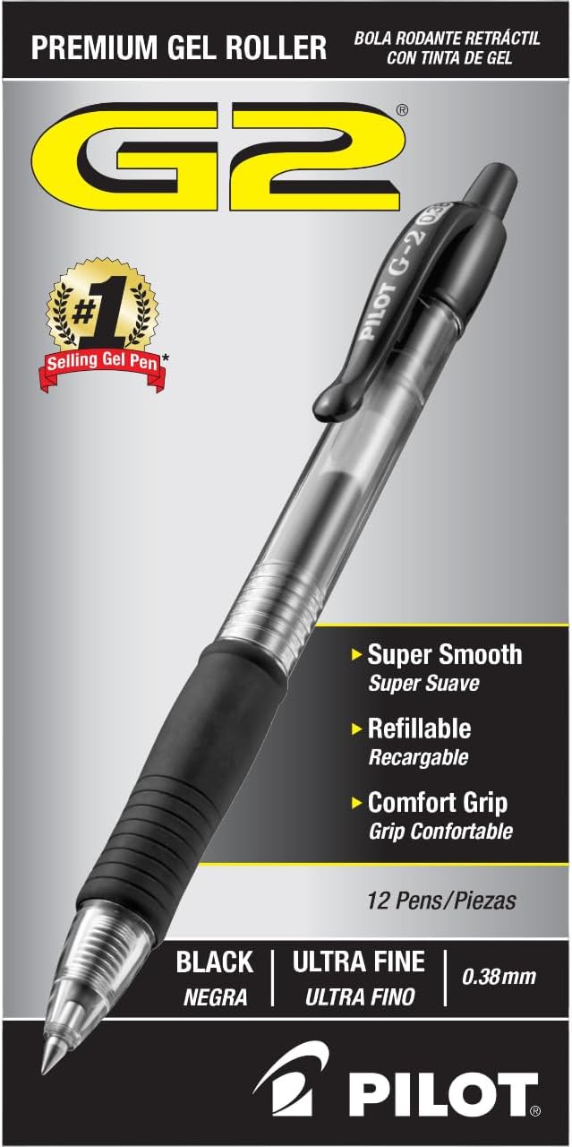 Pilot, G2 Premium Gel Roller Pens, Ultra Fine Point Gel Pens 0.38 mm, Pack of 12, Black