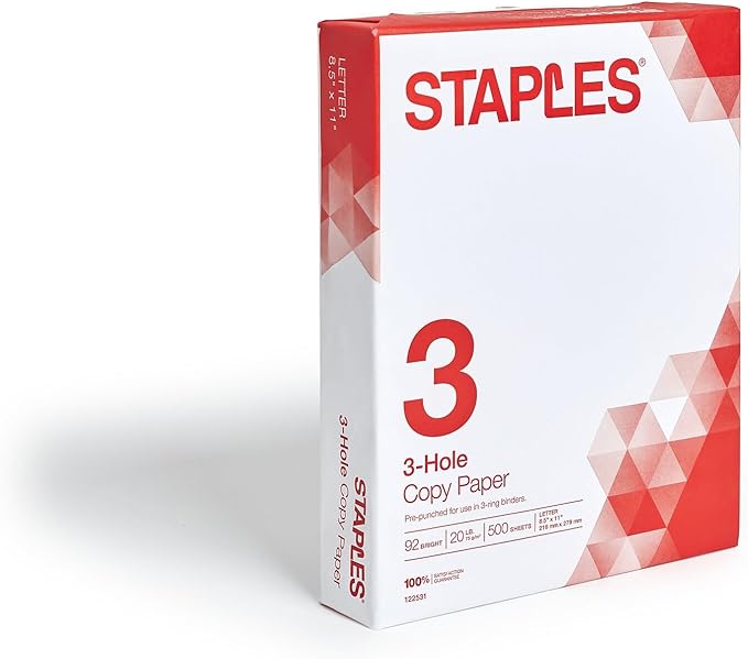 Staples 8.5-Inch X 11-Inch Copy Paper 20 Lbs. 92 Brightness 500/Ream, For Office, School & Home